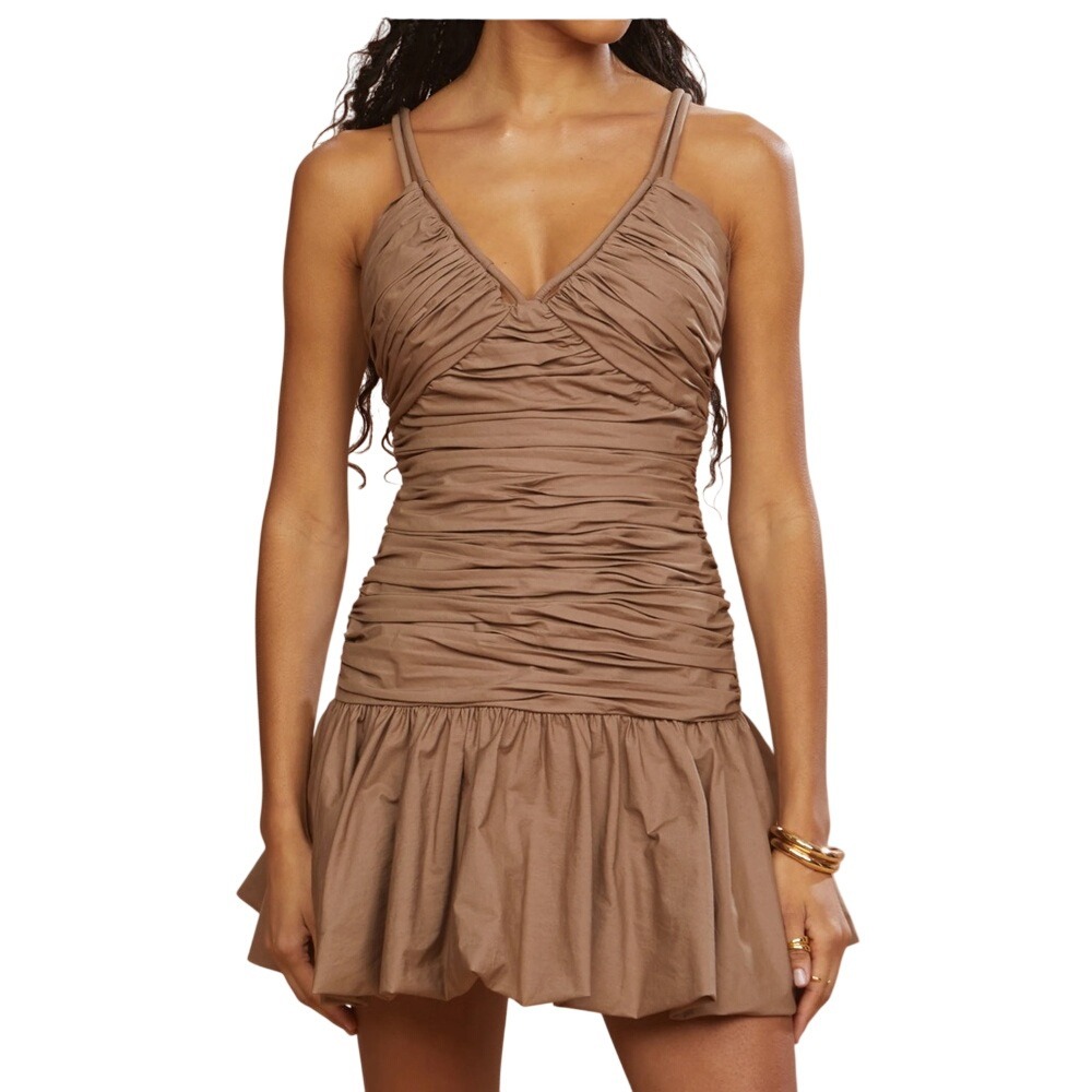 AMUR Annamarie Ruched Bubble Hem Mini Dress Taupe Size 4 NWOT